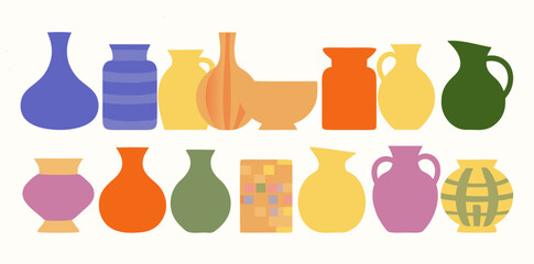 Bright and bold collection of beautifully decorated vases in a charming display perfectly capturing creative artistry