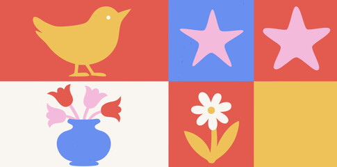 Colorful shapes and whimsical designs bring joy to a creative space in an artistic display of nature and fun