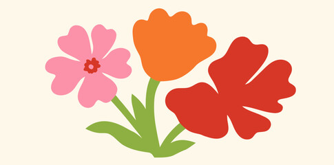 Bright and cheerful bouquet of stylized flowers in vibrant colors, celebrating nature's beauty and simplicity