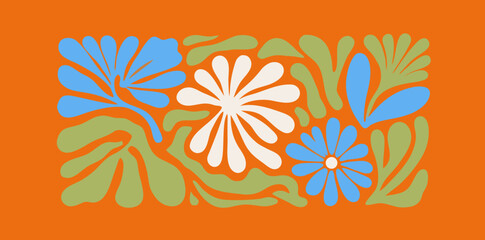Bold floral patterns dance across a vibrant orange background in a celebration of color and creativity