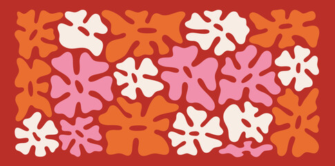 Colorful abstract floral patterns in vibrant hues bring life and energy to a bold red background, creating a joyful visual experience