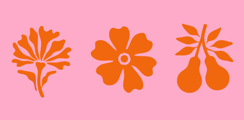 Three playful floral designs in vibrant orange against a soft pink background evoke a charming and whimsical atmosphere ideal for any creative project