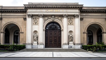 Obraz premium A stately, stone-clad edifice with an arched entrance, flanked by statues. The building boasts ornate columns, decorative detailing, and a grand wooden door