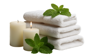White towels with candles and mint leaves isolated on a transparent background