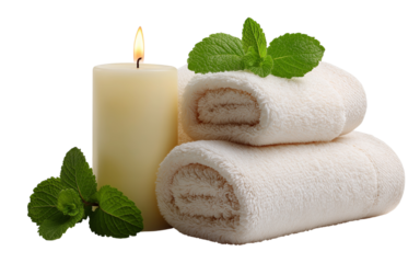 Rolled white towels with mint and candle isolated on a transparent background