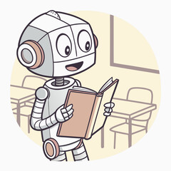 Vector art of robot reading a book in classroom