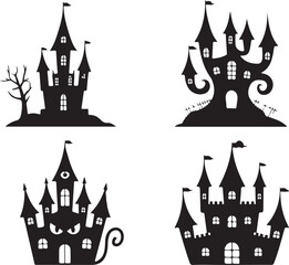 Obraz premium Haunted House with Bats and Bare Trees Silhouette for Halloween Design