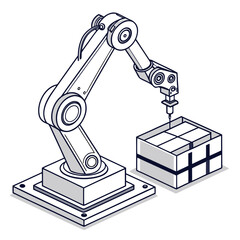 Vector art of robotic arm assembling a package