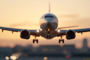 Naklejka premium Airplane landing during golden hour, capturing the anticipation of arrival. A scenic landing, perfectly timed with sunset.