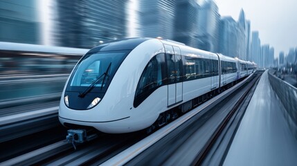 Fototapeta premium Closeup of futuristic test route maglev train gliding silently over the track with sharp focus on the train and blurred modern infrastructure behind.