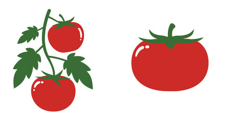 Simple illustration of three ripe red tomatoes with green stems and leaves