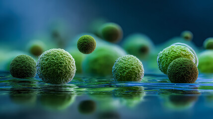 Close-up of spherical viruses in a liquid medium, showcasing vibrant green colors and intricate textures, representing disease season dynamics