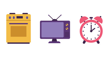 A collection of retro domestic appliances including a stove tv and clock