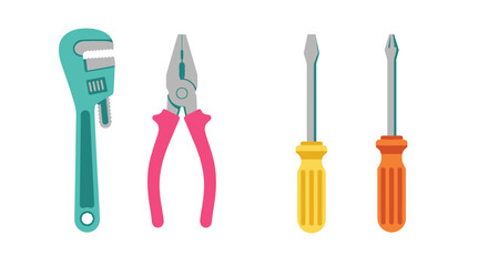 Variety of hand tools including wrench pliers screwdrivers and a flathead