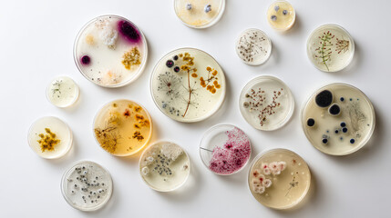 Obraz premium Colorful petri dishes display various microorganisms and botanical specimens, illustrating the beauty of scientific exploration and research