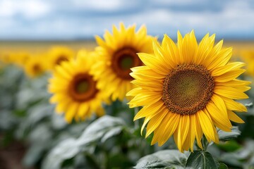 Fototapeta premium Bright yellow sunflowers bloom in a vibrant field under a cloudy sky during mid-summer