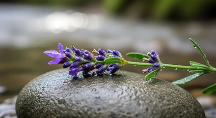 Tranquil lavender bloom resting gently on a smooth wet stone symbolizing peace and serenity