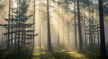 Mystical Forest at Dawn with Sunbeams and Fog Creating Ethereal Scenery