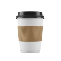 A transparent disposable coffee cup with a textured brown sleeve and matte black lid, elegantly tilted against a transparent background with copy space, product branding concept