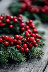 Festive wreath adorned with red berries and evergreen branches on rustic wooden background
