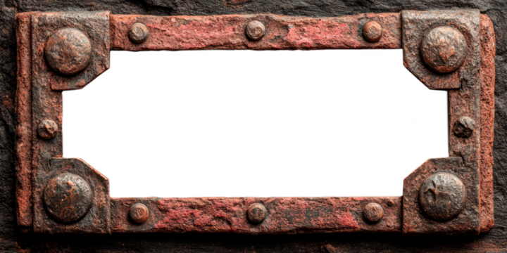 Rusty industrial metal plate frame with bolts and rivets isolated on transparent background, corroded steel texture border PNG for grunge mechanical design, vintage industrial template element