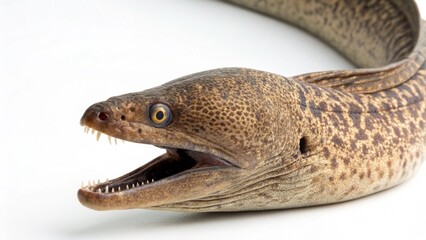 Realistic Moray Eel with elongated body and mottled skin, isolated on white background, detailed marine animal portrait, sharp focus, professional studio lighting