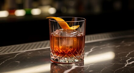 Elegant Old Fashioned Cocktail with Orange Peel Garnishing on Marble Bar Top