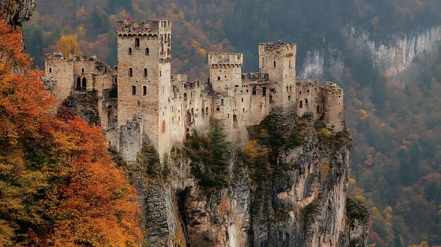 Breathtaking view of the ancient mutso castle in khevsureti, georgia, perched atop a rocky cliff with autumn colors in the background