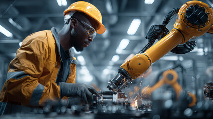 Black, African-American engineer working with robotic arm in electrical factory