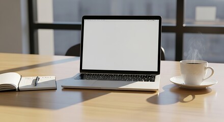 Modern workspace with laptop notebook and coffee cup showcasing productivity and focus