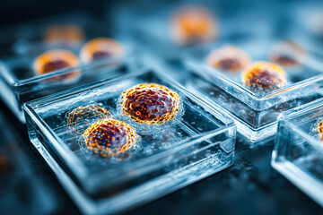 Vibrant cells are displayed in glass petri dishes, highlighting their intricate structures and biological significance in a laboratory setting