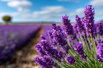 Obraz premium Lavender field blooms in bright sunlight showcasing vibrant purple flowers on a clear day with a blue sky