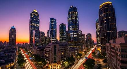 City skyline at dusk with vibrant sunset illuminating skyscrapers and car trails forming light streaks on the avenue