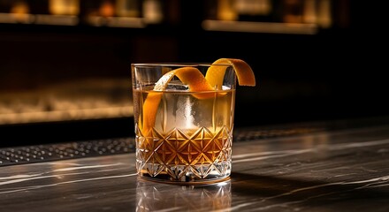 Sophisticated Old Fashioned Cocktail with Orange Peel Garnish on a Marble Bar Top