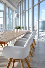 Modern conference room with large wooden table and white chairs in bright office space during daylight