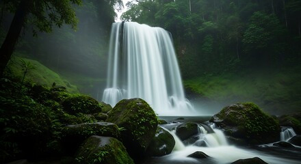 Majestic Waterfall Flowing Through Lush Green Forest Environment with Mossy Rocks and Serene Atmosphere