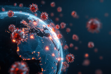 Digital representation of Earth surrounded by virus particles, illustrating global pandemic impact and interconnectedness of health systems