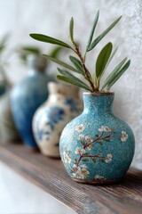 Decorative vases with green branches displayed on a wooden shelf in a cozy indoor setting