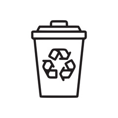 A line drawing of a recycling bin with a lid and a recycling symbol on the side of the bin