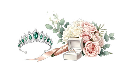 Elegant wedding accessories with bouquet and tiara isolated on transparent background