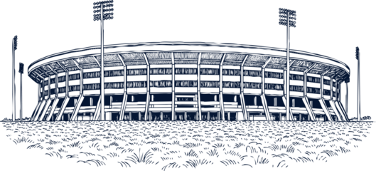 A detailed sketch of a large stadium with bright lights, set against a transparent background