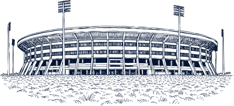 A detailed sketch of a large stadium with bright lights, set against a transparent background