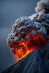 Volcano eruption displays fiery lava and thick ash clouds in a dramatic natural event
