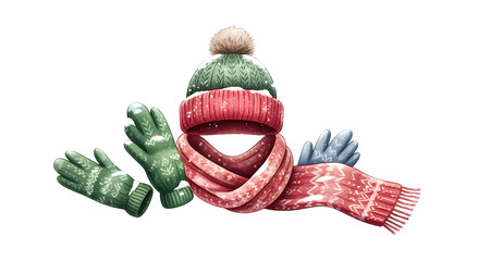 Winter accessories set with hat, scarf, and gloves isolated on transparent background