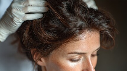 Woman receiving hair treatment in a salon with attentive stylist during daylight hours