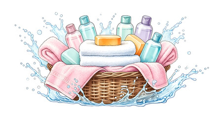 Basket with towels and toiletries surrounded by water splash isolated on transparent background