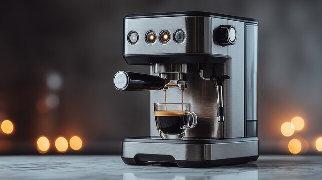  Stainless steel espresso machine pouring rich coffee into glass cup with bokeh lights.