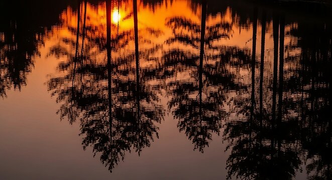 Ethereal Sunset Reflection: Silhouetted Trees and Golden Light on Water