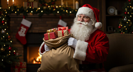 Santa Claus holding a bag of gifts by the fireplace in December  