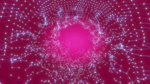 Abstract connected dots and lines. Concept of Motion of digital data flow. Communication and technology network concept with moving lines and dots. 3D rendering